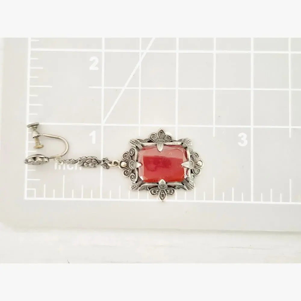 Vintage Victorian Art Deco Sterling Silver Carnelian Marcasite Dangle Earrings